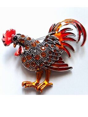 Rooster Brooch Chicken Pin Crystal Rhinestones Bird Sparkle Glam Farm Jewels